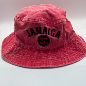 Jamaica Embroidered Bucket Hat Red Acid Wash Cotton One Size Unisex